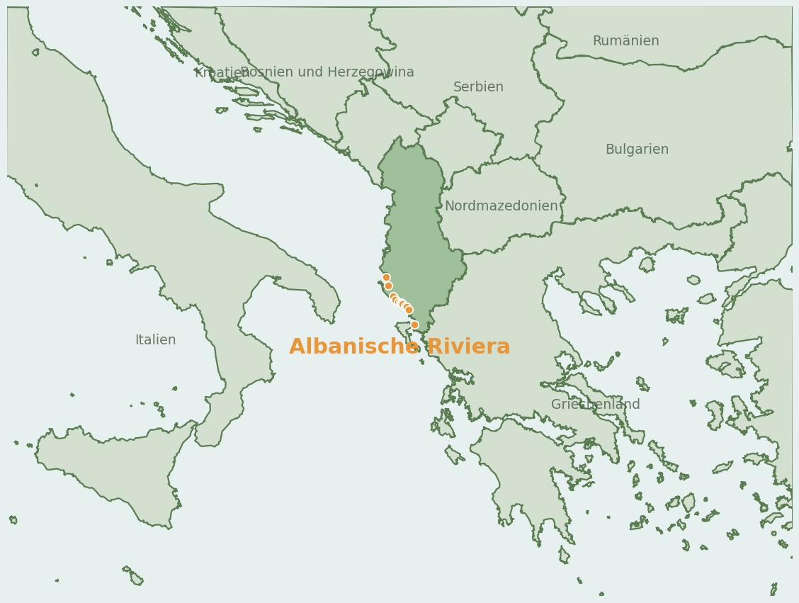 Gezeichnete Landkarte der Region Albanische Riviera (Albanien) mit Lage und Standorten der Campingplätze
