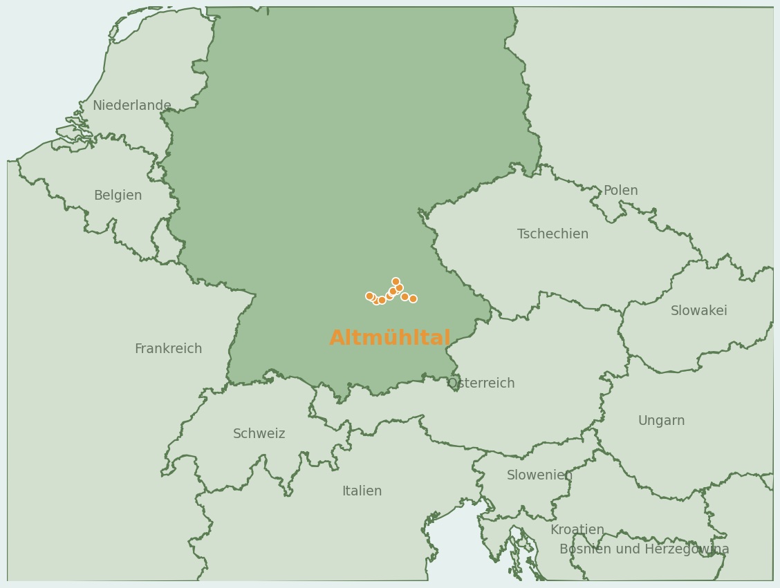 Gezeichnete Landkarte der Region Altmühltal (Deutschland) mit Lage und Standorten der Campingplätze