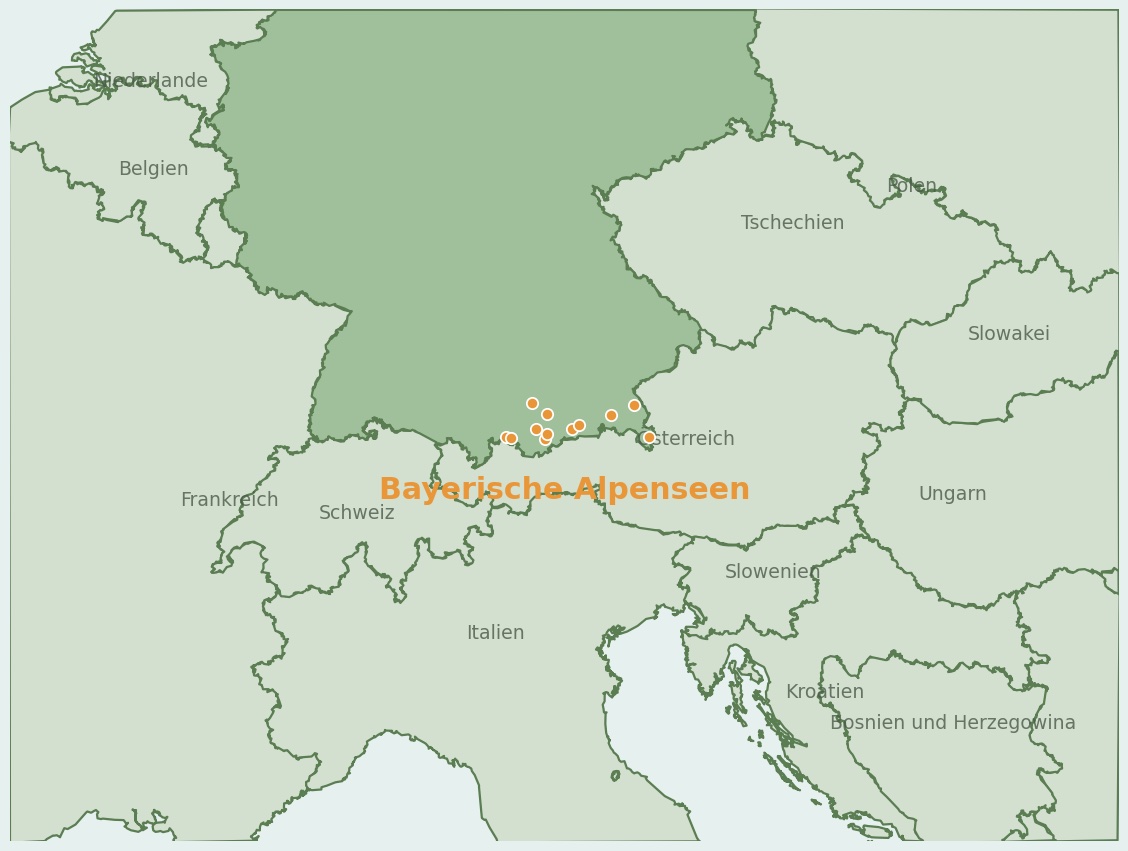 Gezeichnete Landkarte der Region Bayern & Alpenseen (Deutschland) mit Lage und Standorten der Campingplätze
