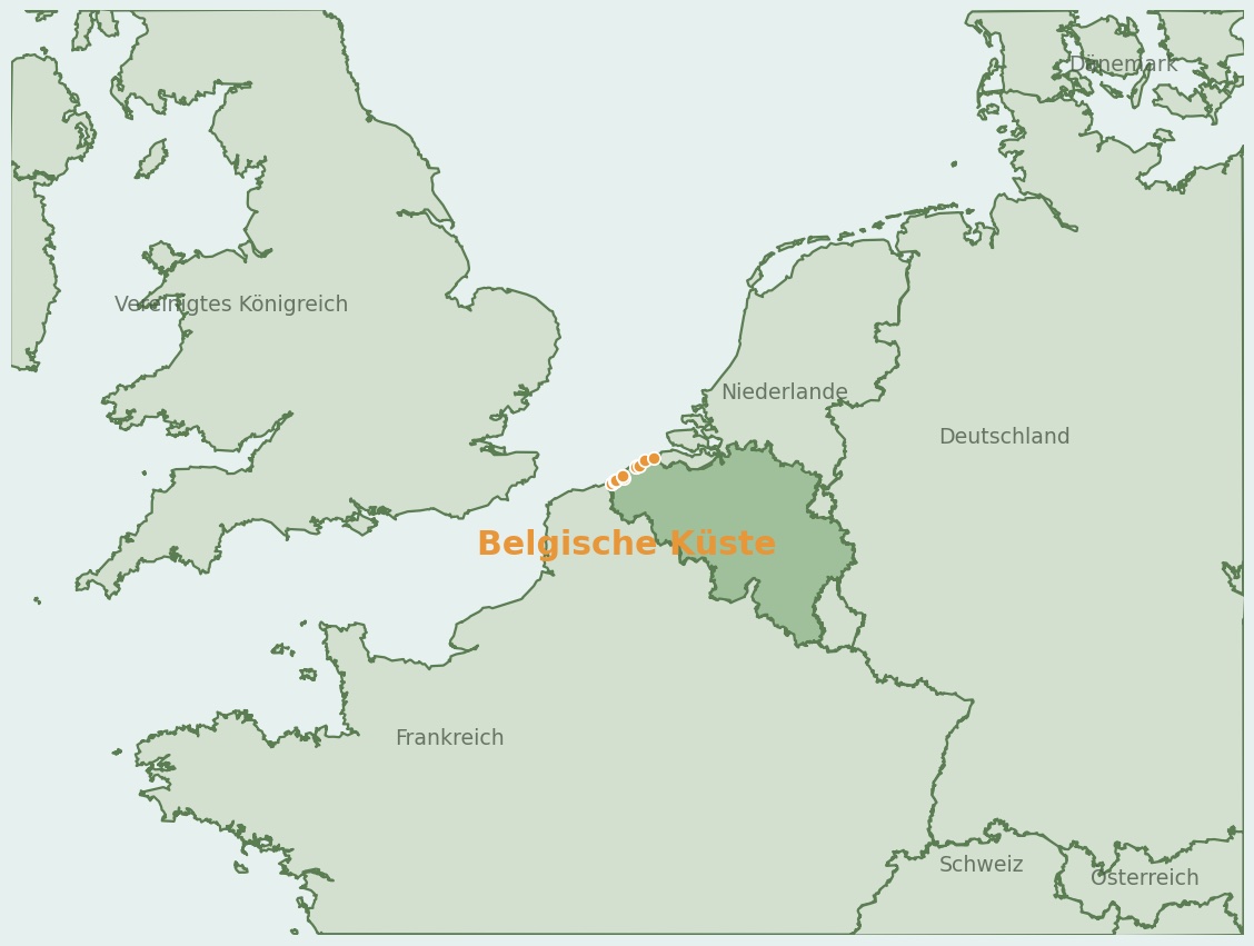 Gezeichnete Landkarte der Region Belgische Küste (Belgien) mit Lage und Standorten der Campingplätze