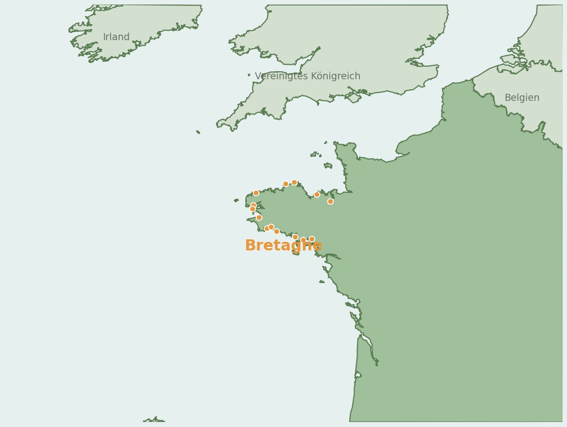 Gezeichnete Landkarte der Region Bretagne (Frankreich) mit Lage und Standorten der Campingplätze