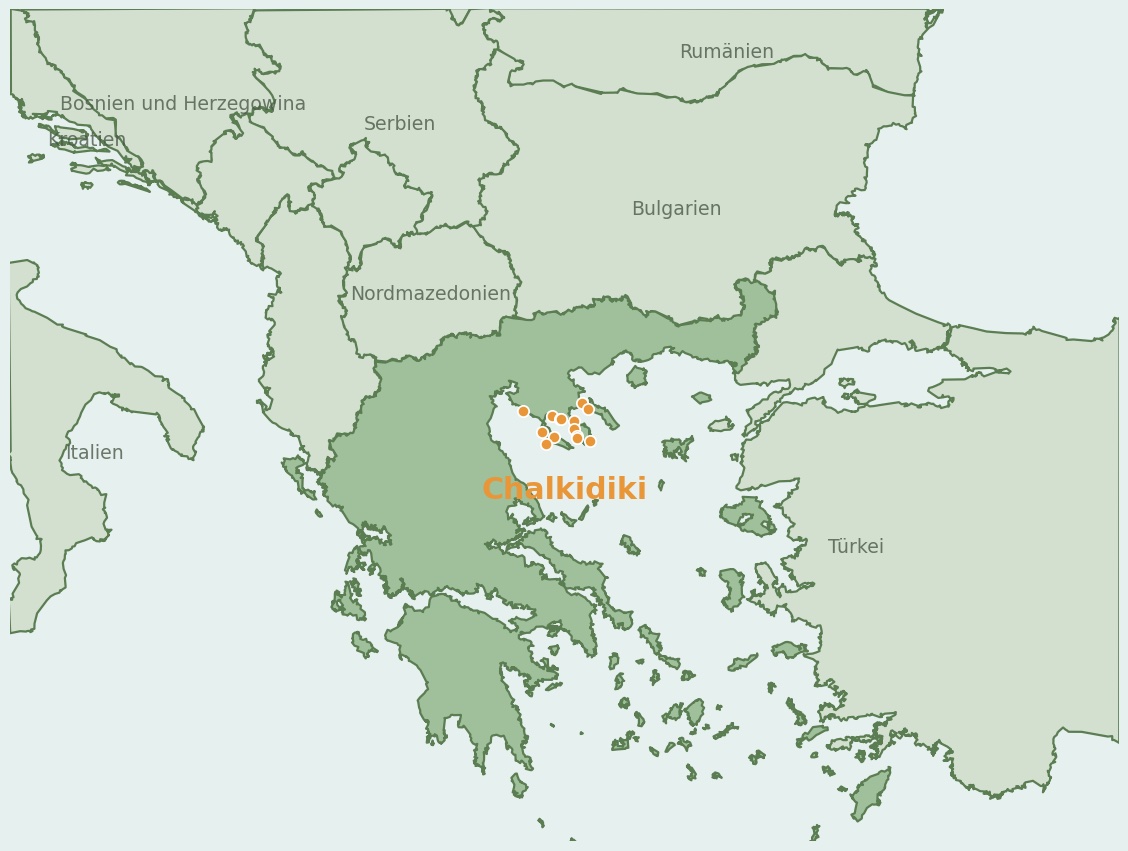 Gezeichnete Landkarte der Region Chalkidiki (Griechenland) mit Lage und Standorten der Campingplätze