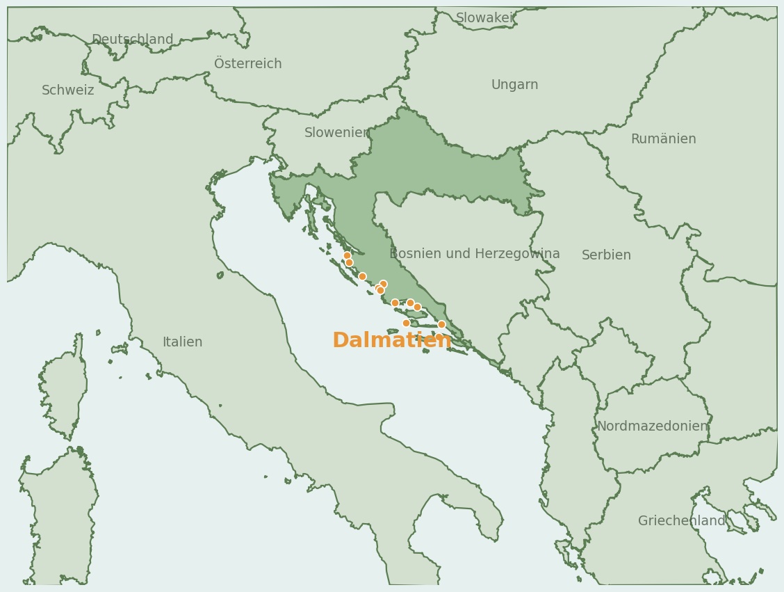 Gezeichnete Landkarte der Region Dalmatien (Kroatien) mit Lage und Standorten der Campingplätze