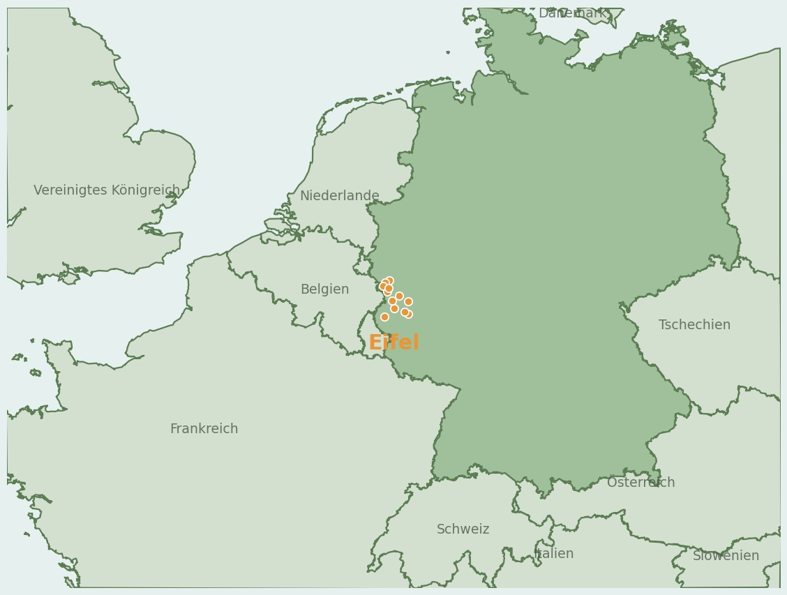 Gezeichnete Landkarte der Region Eifel (Deutschland) mit Lage und Standorten der Campingplätze