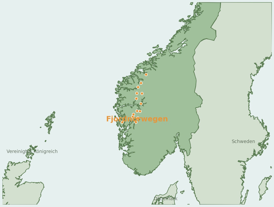 Gezeichnete Landkarte der Region Fjordnorwegen (Norwegen) mit Lage und Standorten der Campingplätze