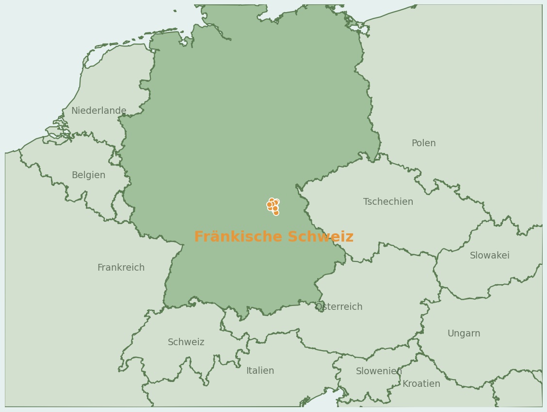 Gezeichnete Landkarte der Region Fränkische Schweiz (Deutschland) mit Lage und Standorten der Campingplätze