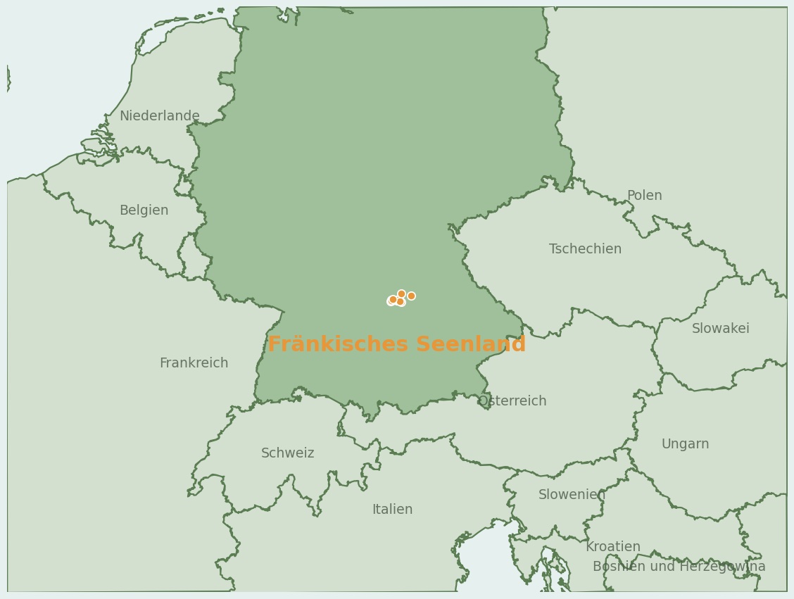 Gezeichnete Landkarte der Region Fränkisches Seenland (Deutschland) mit Lage und Standorten der Campingplätze