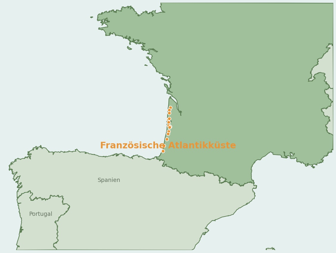 Gezeichnete Landkarte der Region Französische Atlantikküste (Frankreich) mit Lage und Standorten der Campingplätze