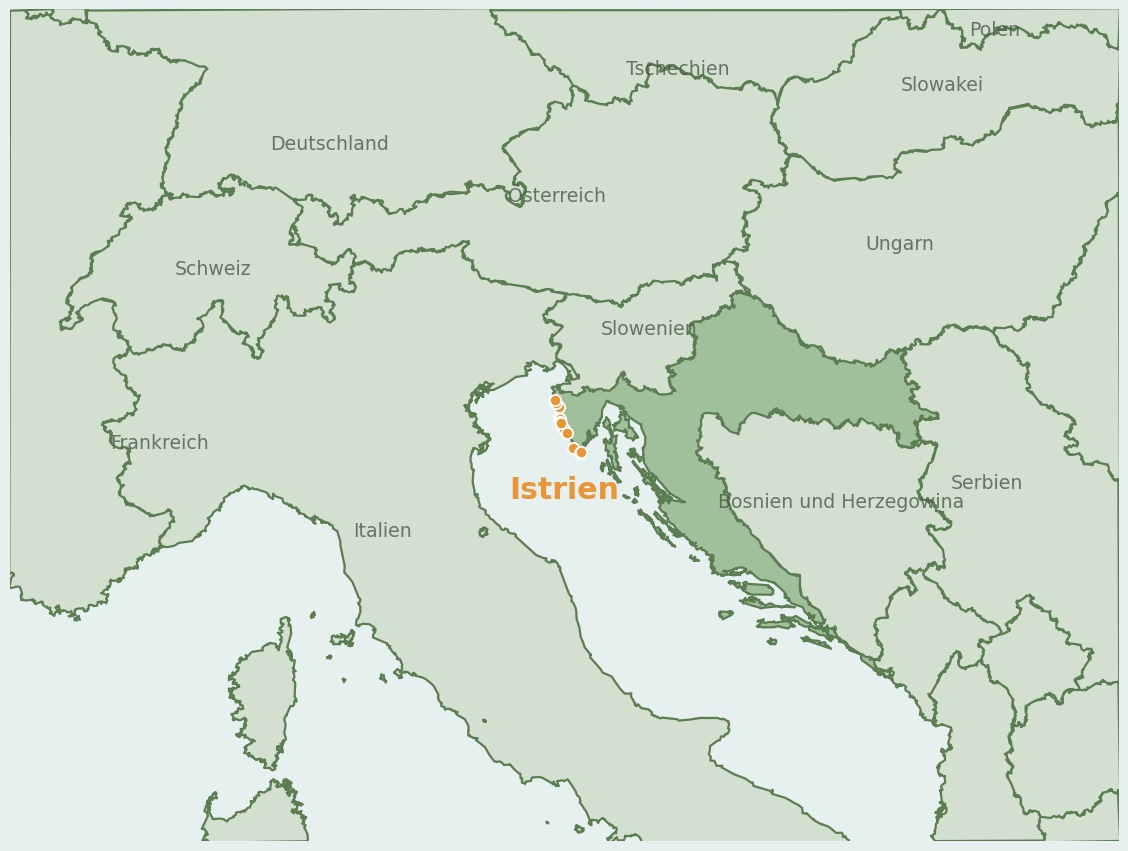 Gezeichnete Landkarte der Region Istrien (Kroatien) mit Lage und Standorten der Campingplätze