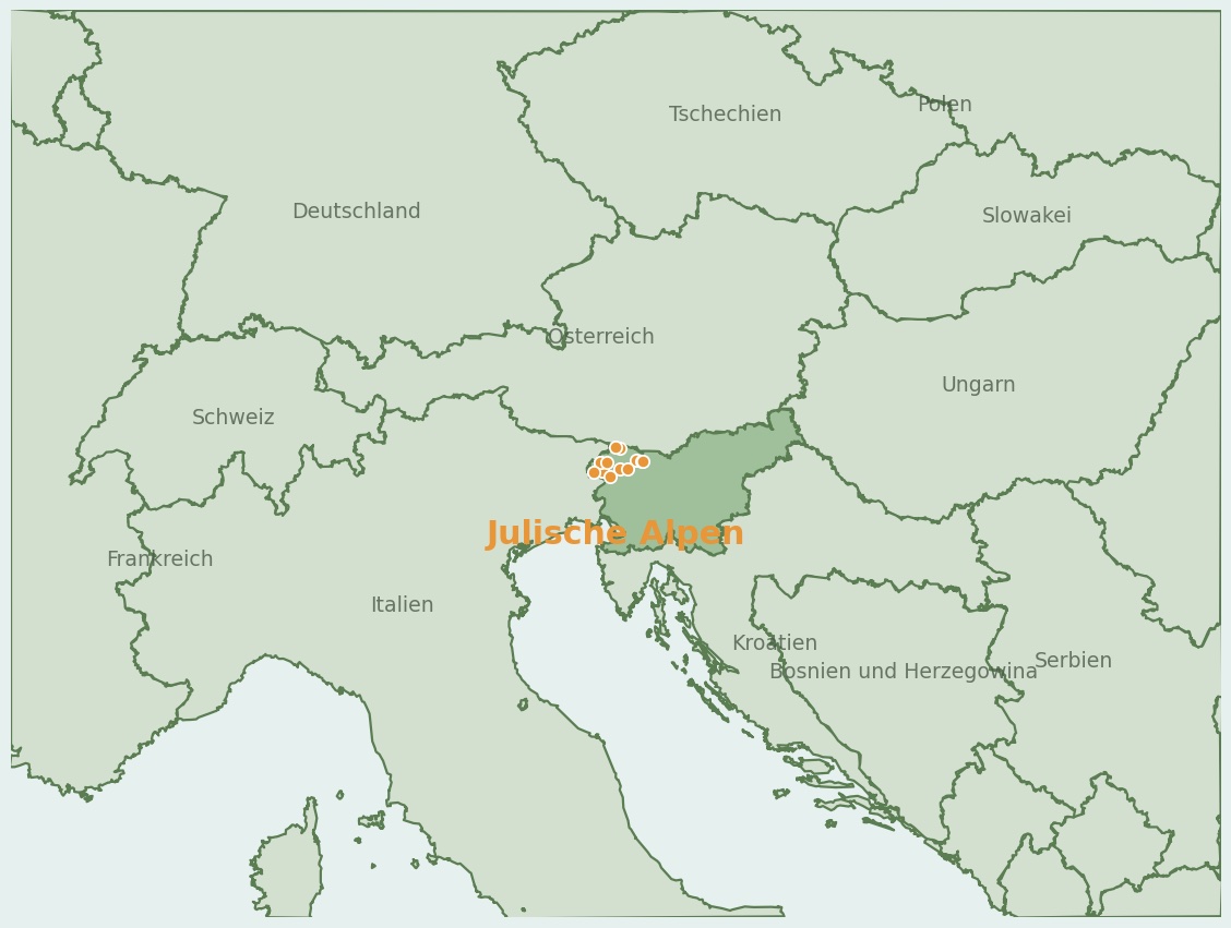 Gezeichnete Landkarte der Region Julische Alpen (Slowenien) mit Lage und Standorten der Campingplätze