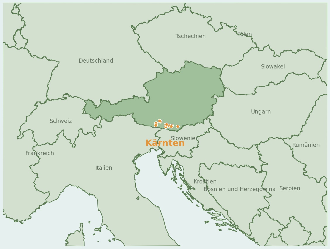 Gezeichnete Landkarte der Region Kärnten (Österreich) mit Lage und Standorten der Campingplätze