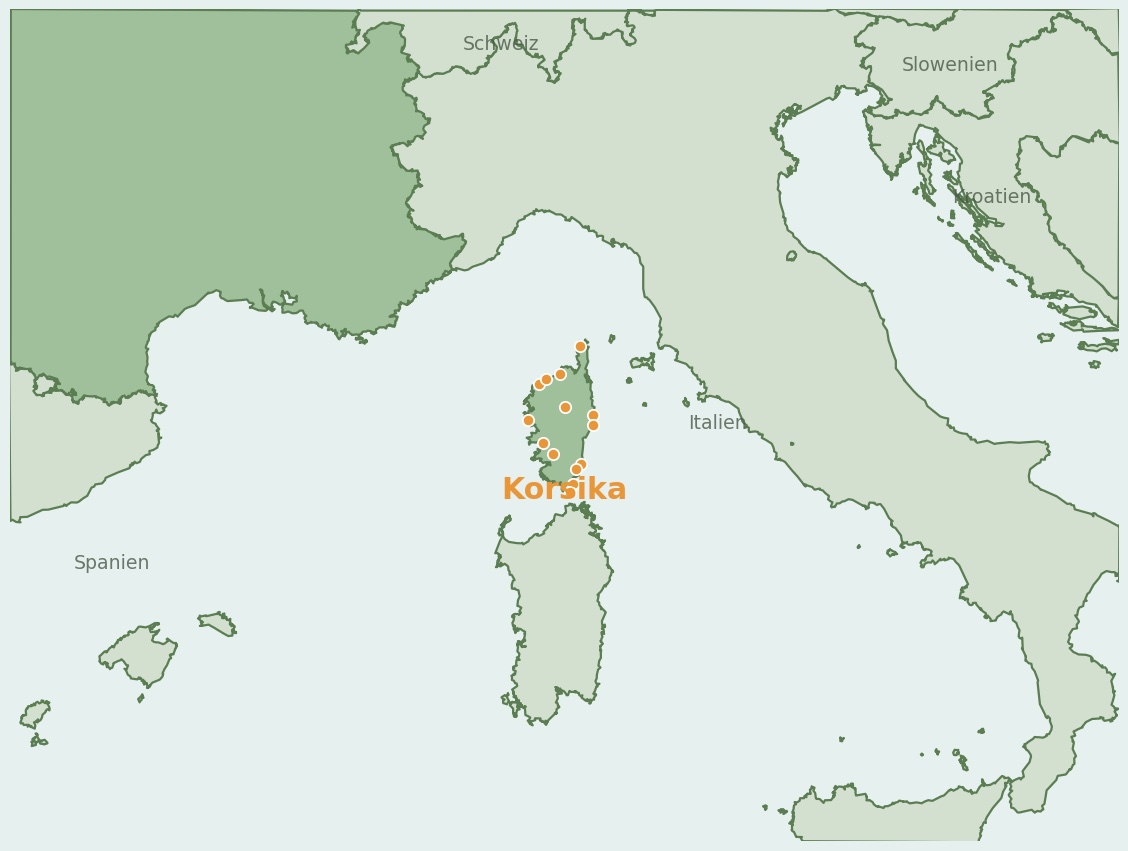 Gezeichnete Landkarte der Region Korsika (Frankreich) mit Lage und Standorten der Campingplätze