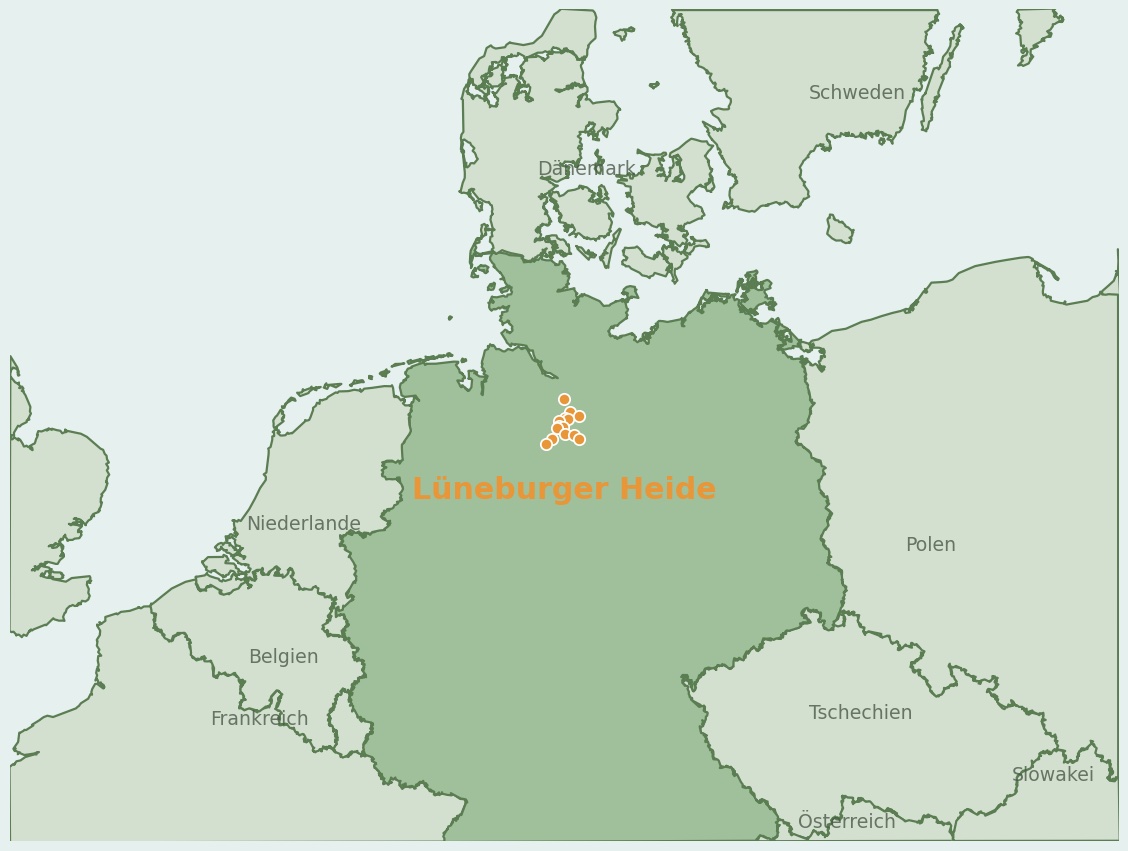 Gezeichnete Landkarte der Region Lüneburger Heide (Deutschland) mit Lage und Standorten der Campingplätze