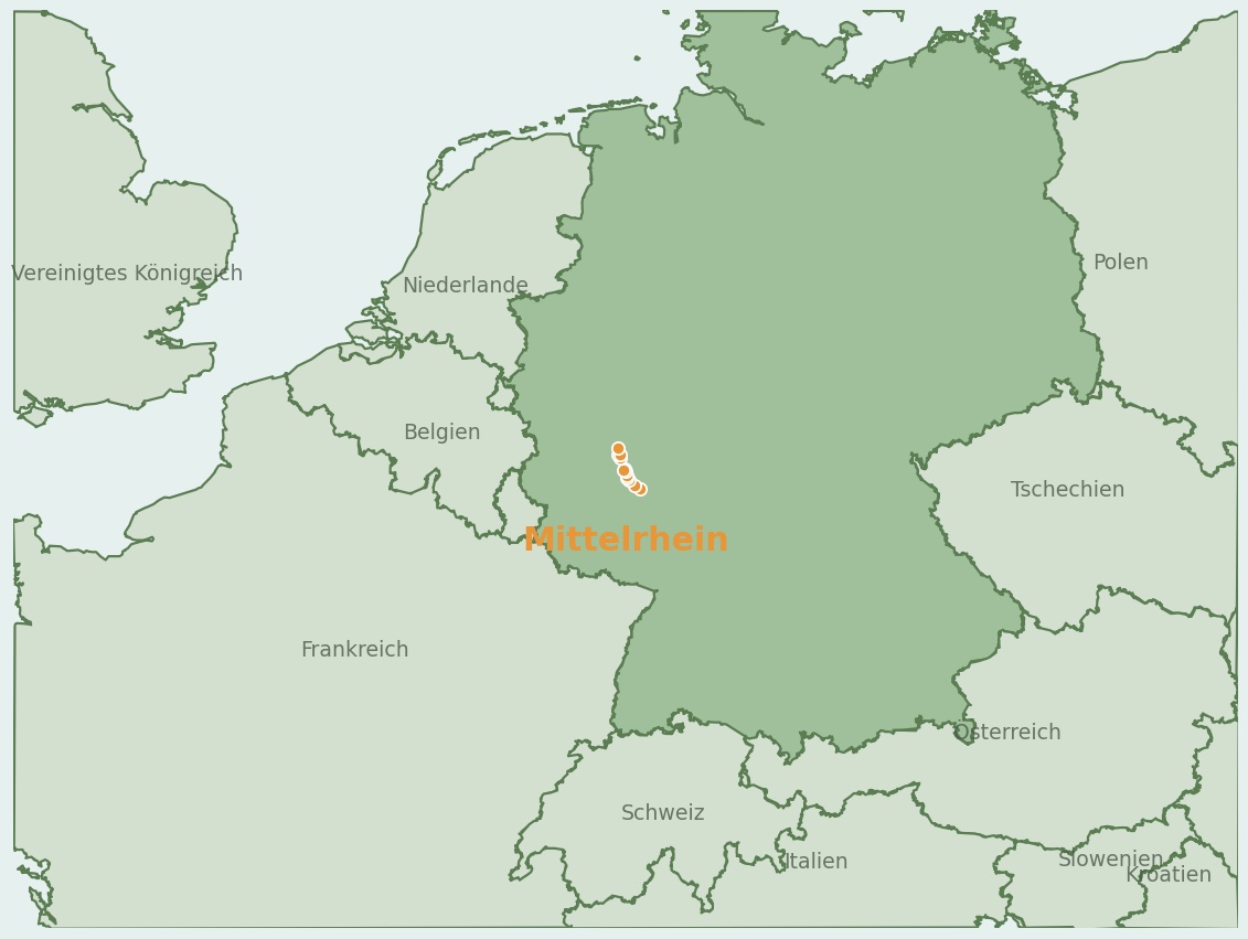 Gezeichnete Landkarte der Region Mittelrhein / Loreley (Deutschland) mit Lage und Standorten der Campingplätze