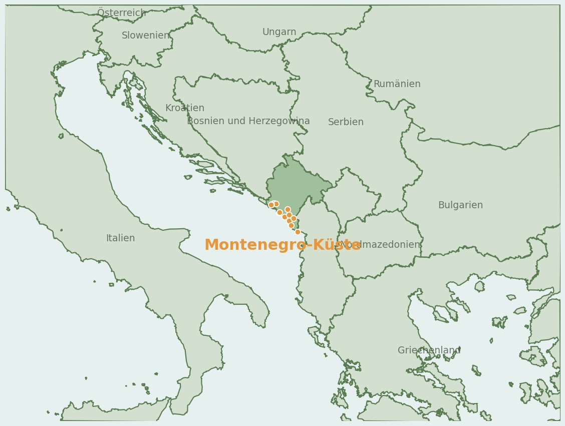 Gezeichnete Landkarte der Region Montenegrinische Küste (Montenegro) mit Lage und Standorten der Campingplätze