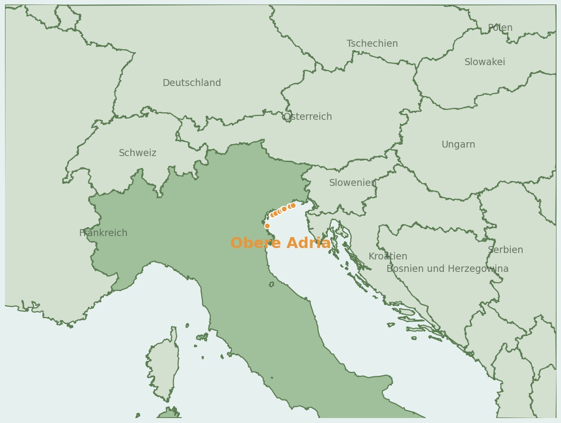 Gezeichnete Landkarte der Region Obere Adria (Italien) mit Lage und Standorten der Campingplätze