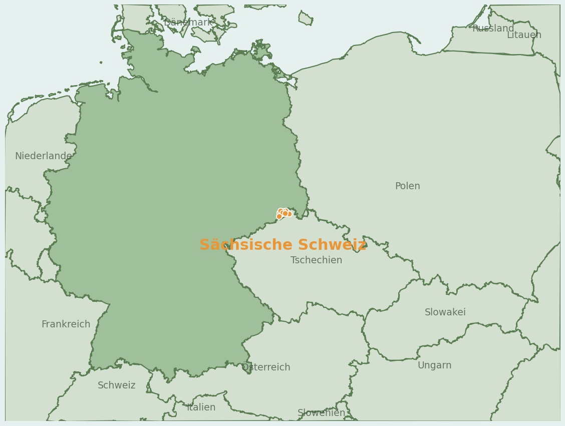Gezeichnete Landkarte der Region Sächsische Schweiz (Deutschland) mit Lage und Standorten der Campingplätze