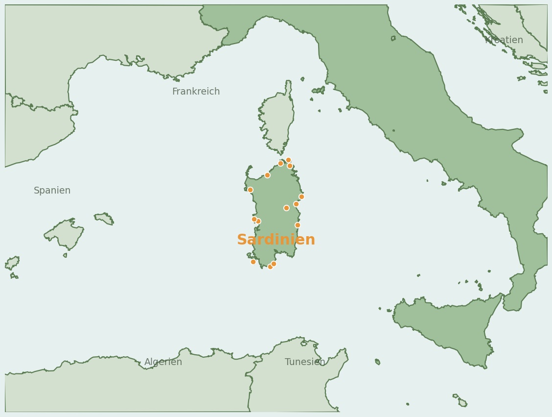 Gezeichnete Landkarte der Region Sardinien (Italien) mit Lage und Standorten der Campingplätze