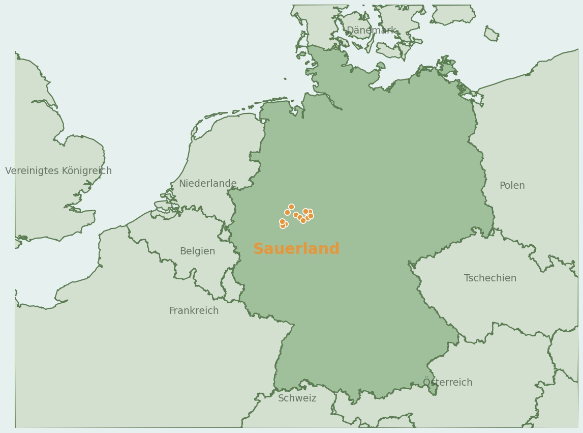 Gezeichnete Landkarte der Region Sauerland (Deutschland) mit Lage und Standorten der Campingplätze