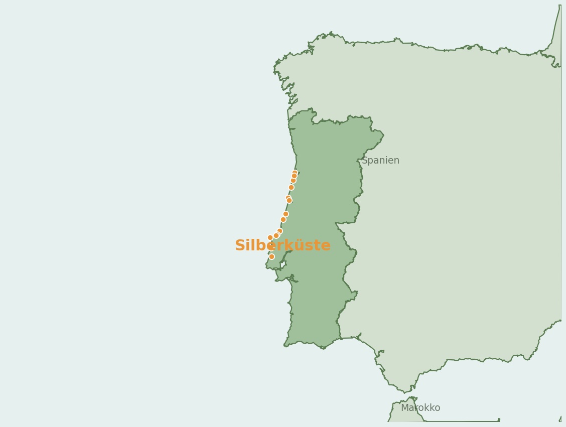 Gezeichnete Landkarte der Region Silberküste (Portugal) mit Lage und Standorten der Campingplätze