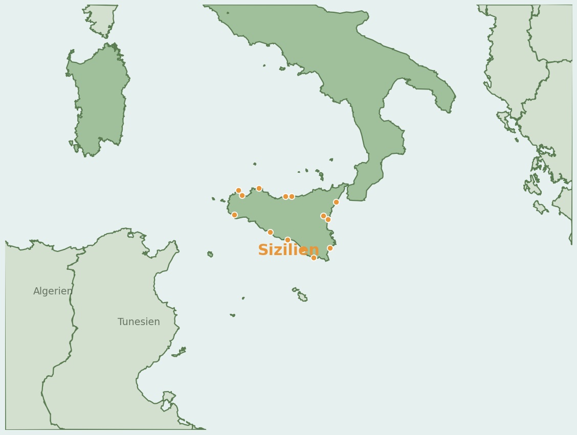 Gezeichnete Landkarte der Region Sizilien (Italien) mit Lage und Standorten der Campingplätze