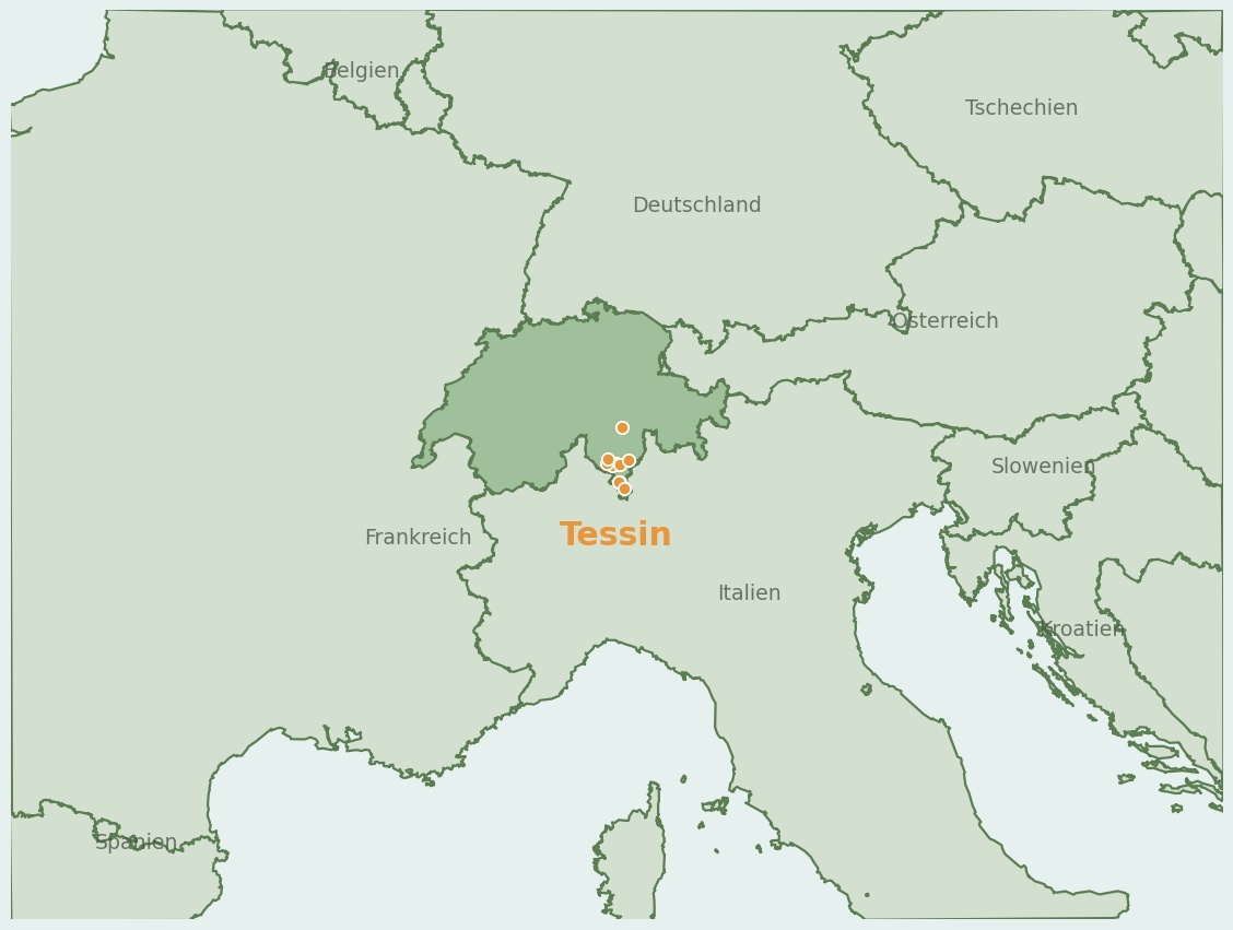 Gezeichnete Landkarte der Region Tessin (Schweiz) mit Lage und Standorten der Campingplätze