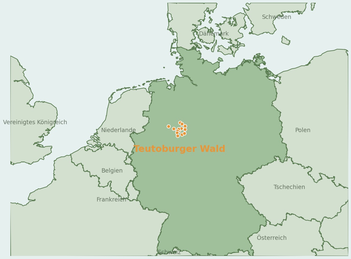 Gezeichnete Landkarte der Region Teutoburger Wald (Deutschland) mit Lage und Standorten der Campingplätze