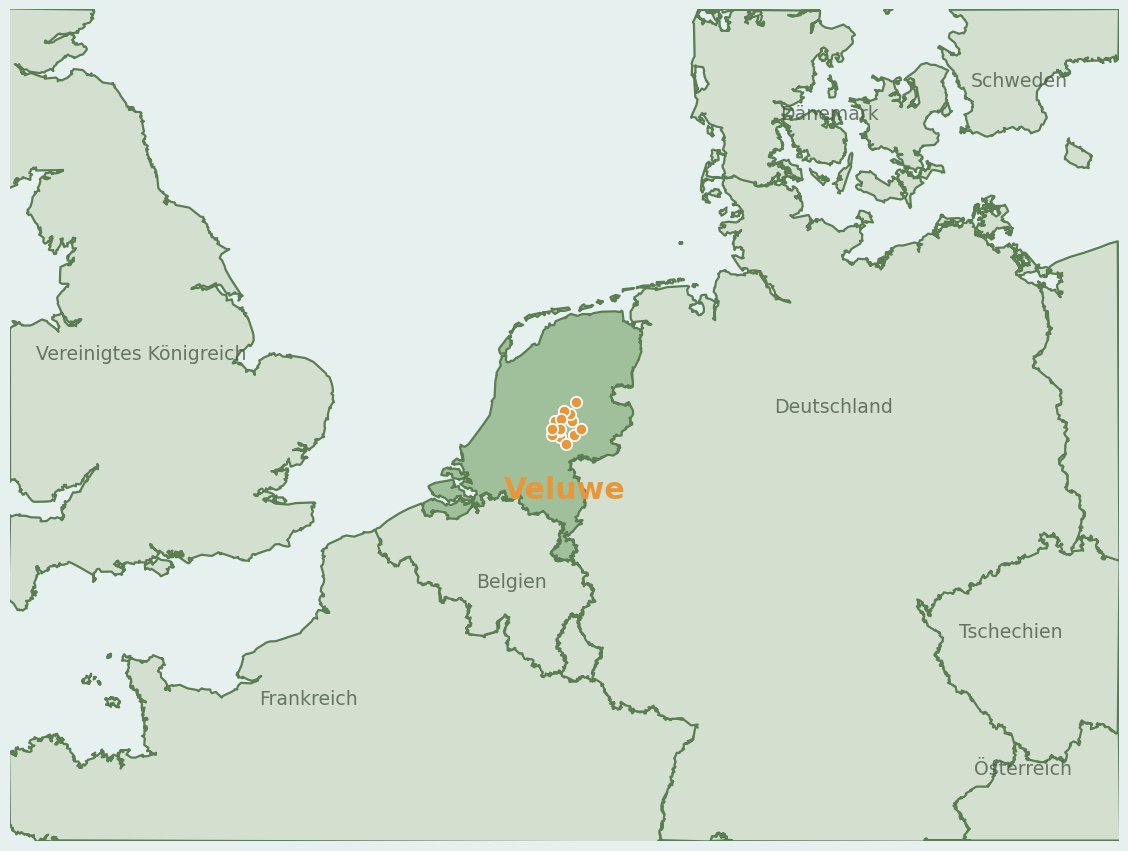 Gezeichnete Landkarte der Region Veluwe (Niederlande) mit Lage und Standorten der Campingplätze