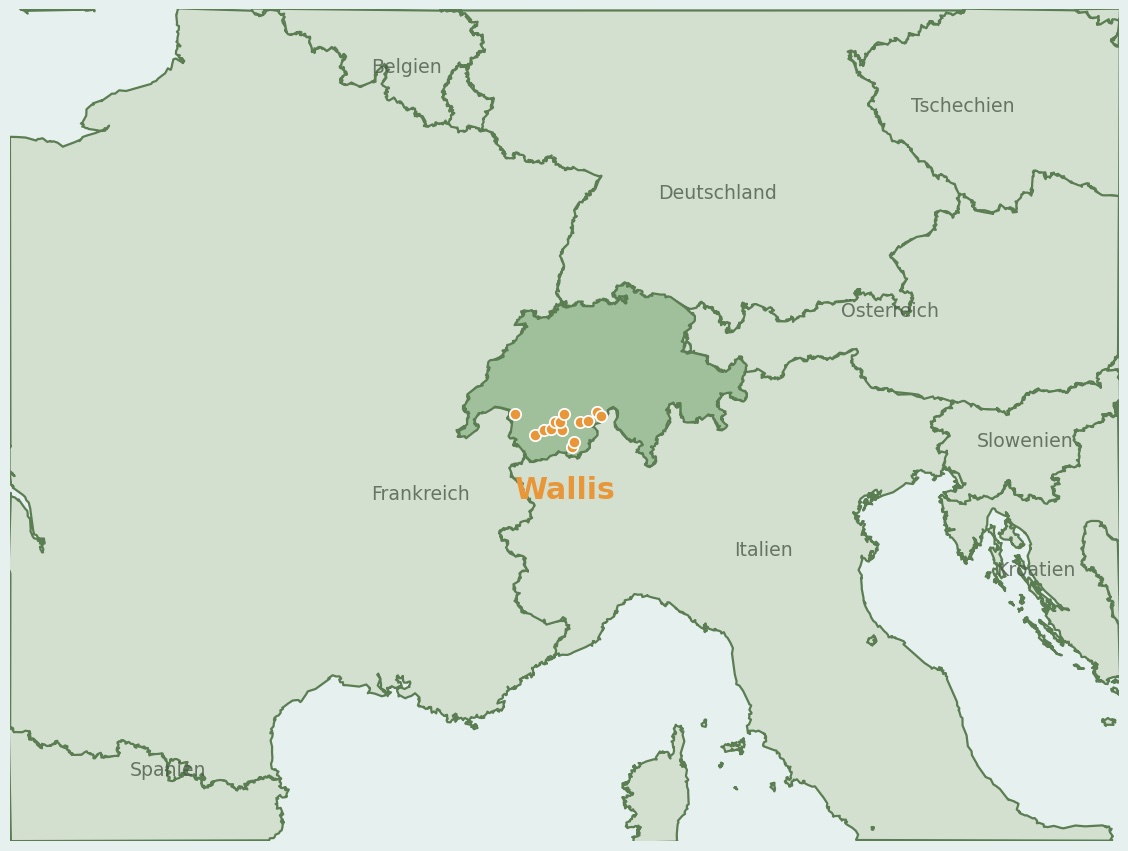 Gezeichnete Landkarte der Region Wallis (Schweiz) mit Lage und Standorten der Campingplätze