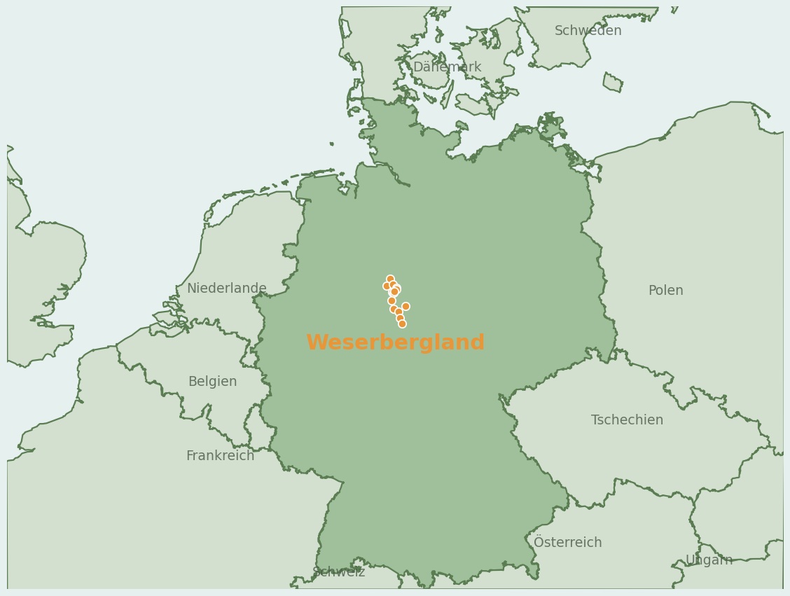 Gezeichnete Landkarte der Region Weserbergland (Deutschland) mit Lage und Standorten der Campingplätze