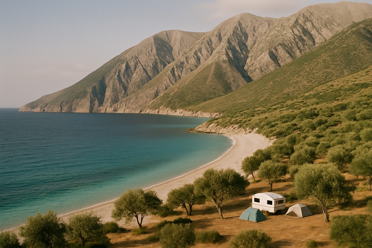 Türkise Bucht an der albanischen Riviera mit Olivenhainen und steilen Bergen