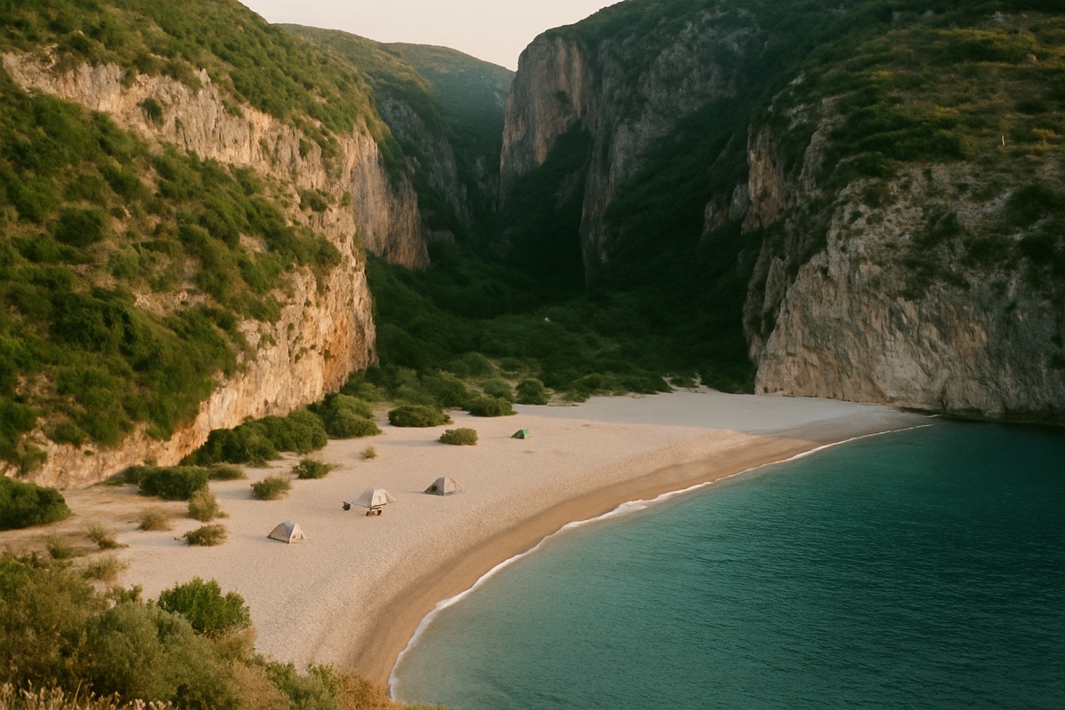 Landschaft der Region Albanische Riviera – Symbolbild für Camping