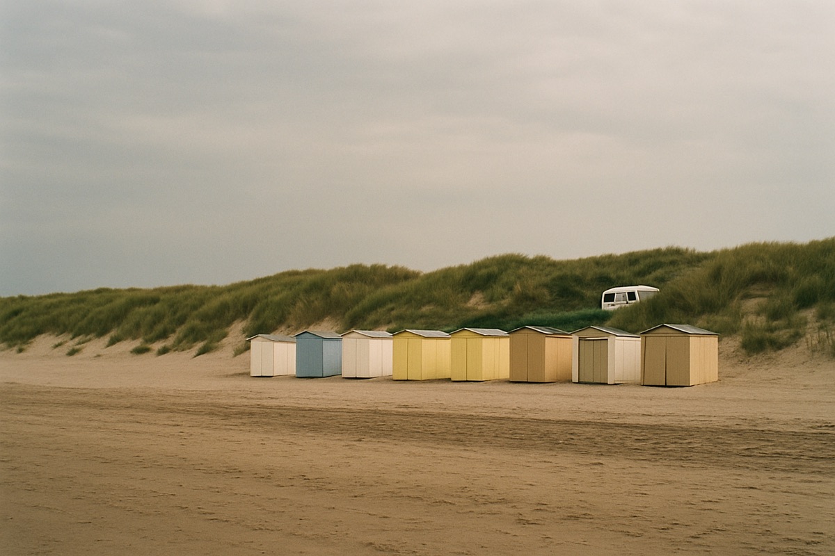 Breiter Sandstrand mit Strandhäuschen und Dünen an der belgischen Nordseeküste