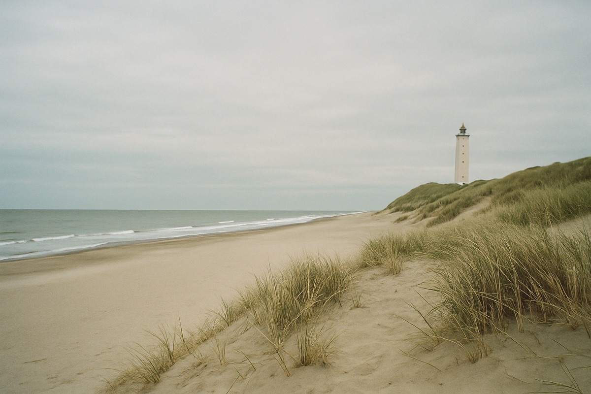 Breiter Nordseestrand mit Dünengras und Leuchtturm in Jütland