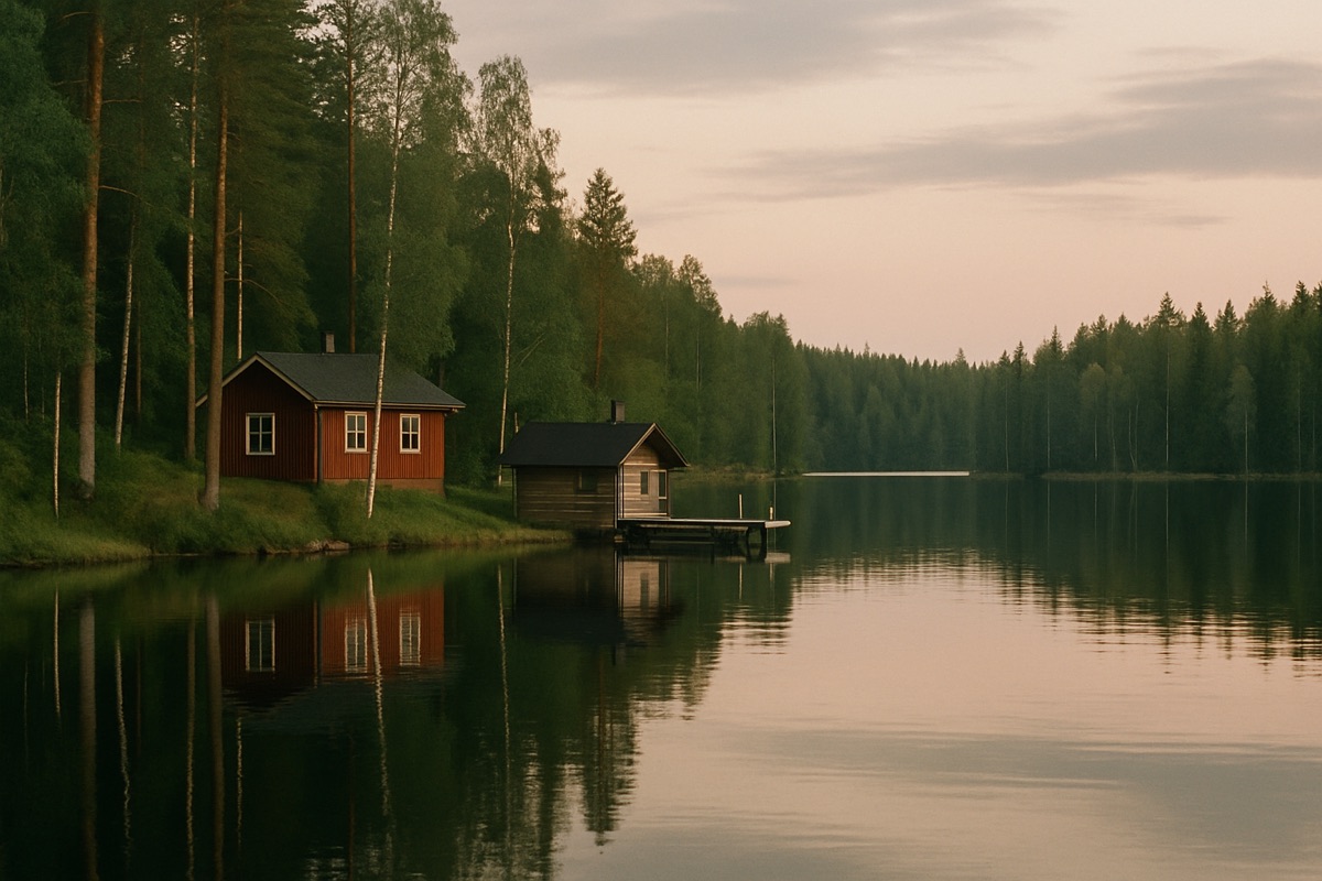 Rote Holzhütte mit Sauna am stillen finnischen See, umgeben von Nadel- und Birkenwald