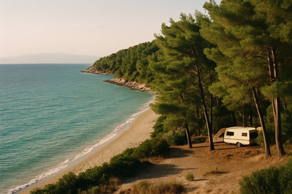 Türkisblaue Bucht in Chalkidiki mit Pinien am Sandstrand und Wohnwagen