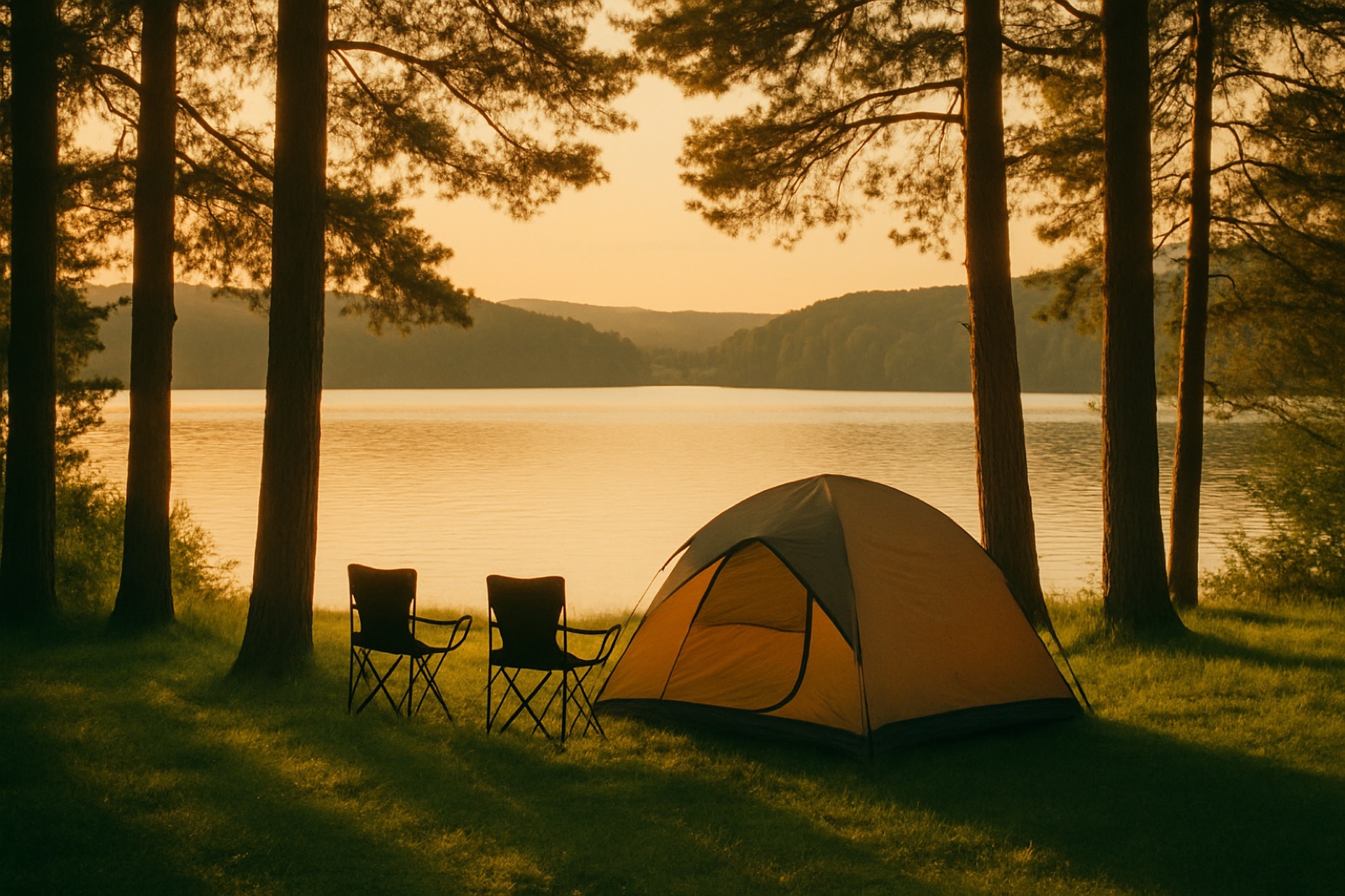 Zeltplatz am See in der Abendsonne – Camping in Europa