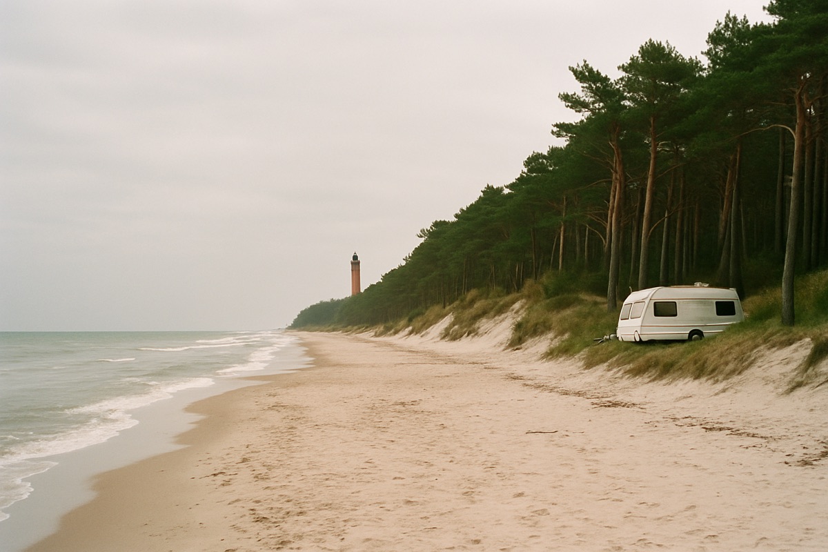 Breiter Sandstrand mit bewaldeten Dünen und Leuchtturm an der polnischen Ostsee