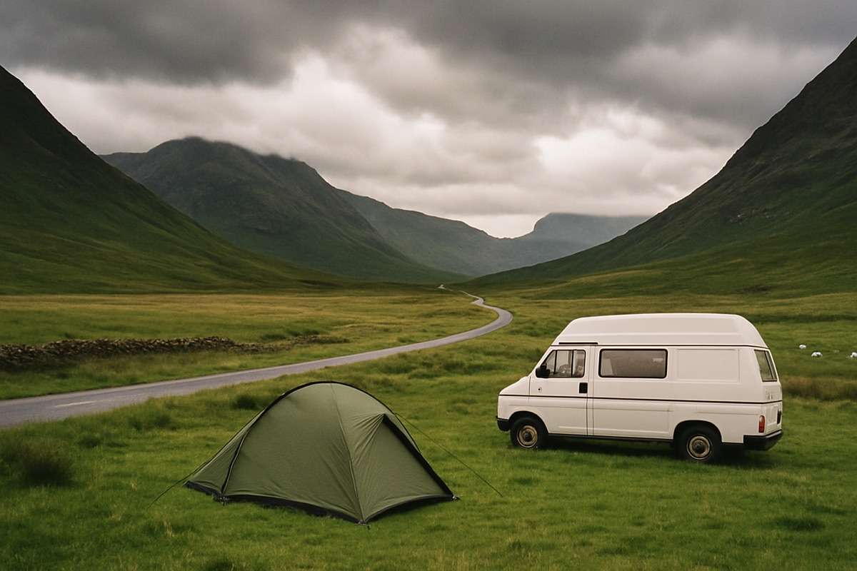 Zelt und Campervan in einem grünen schottischen Glen mit einspuriger Straße vor rauen Highland-Bergen