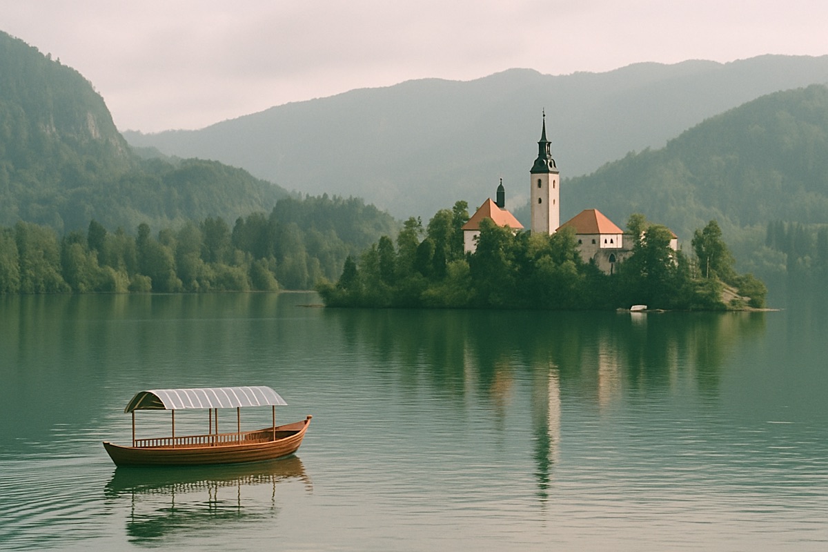 Bleder See in den Julischen Alpen Sloweniens mit Inselkirche und Bergen