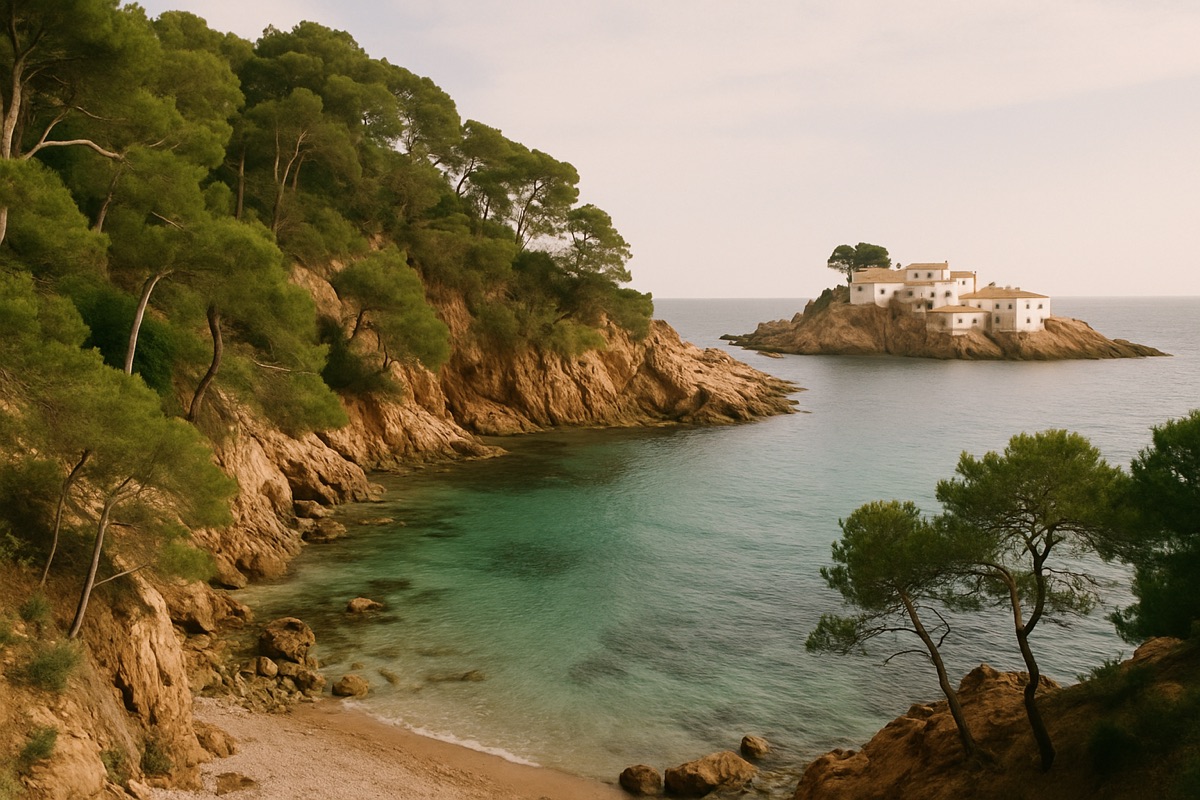 Felsbucht der Costa Brava in Katalonien mit türkisem Meer und Pinien
