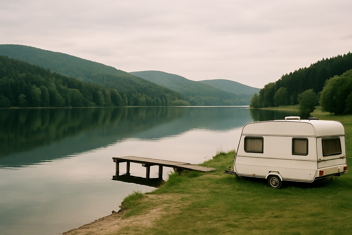 Lipno-Stausee in Südböhmen mit bewaldeten Hügeln des Böhmerwaldes und Wohnwagen am Ufer