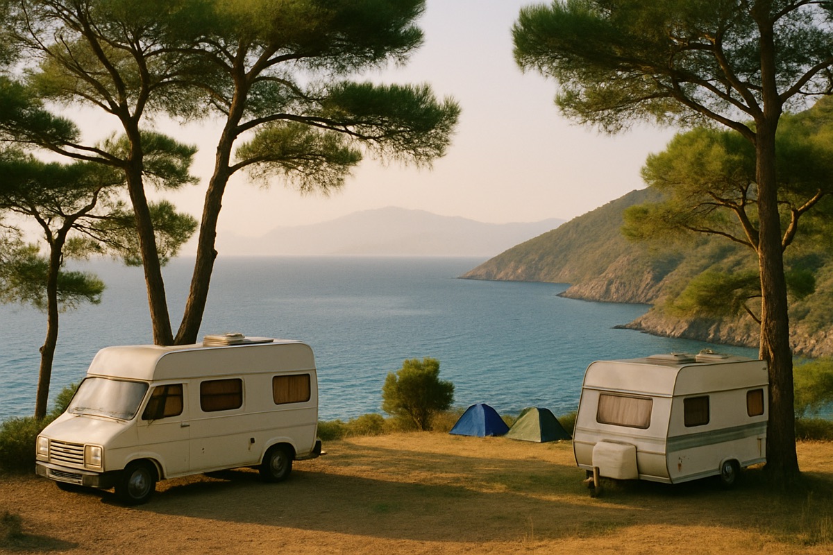 Wohnmobil auf einer pinienbewachsenen Klippe über einer türkisen Bucht an der türkischen Ägäisküste