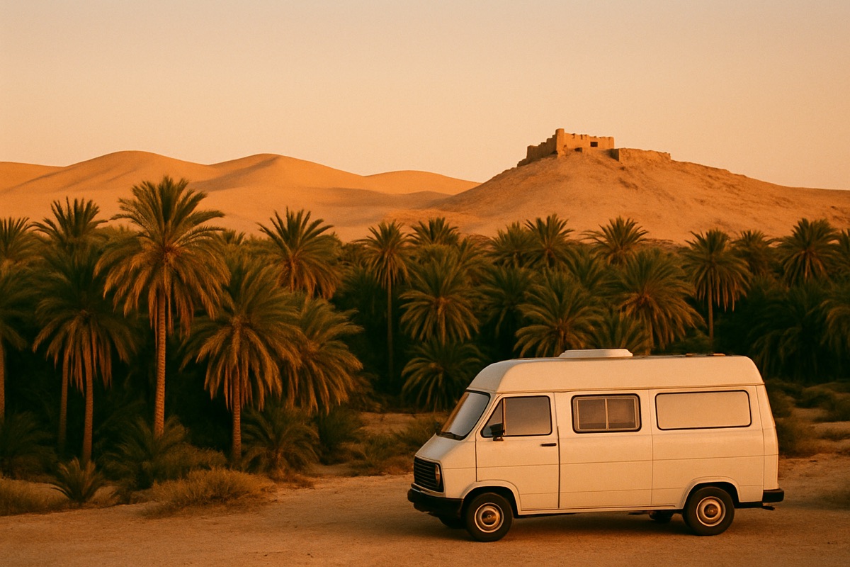 Wohnmobil an Dattelpalmen am Rand einer Sahara-Oase bei Tozeur mit Dünen