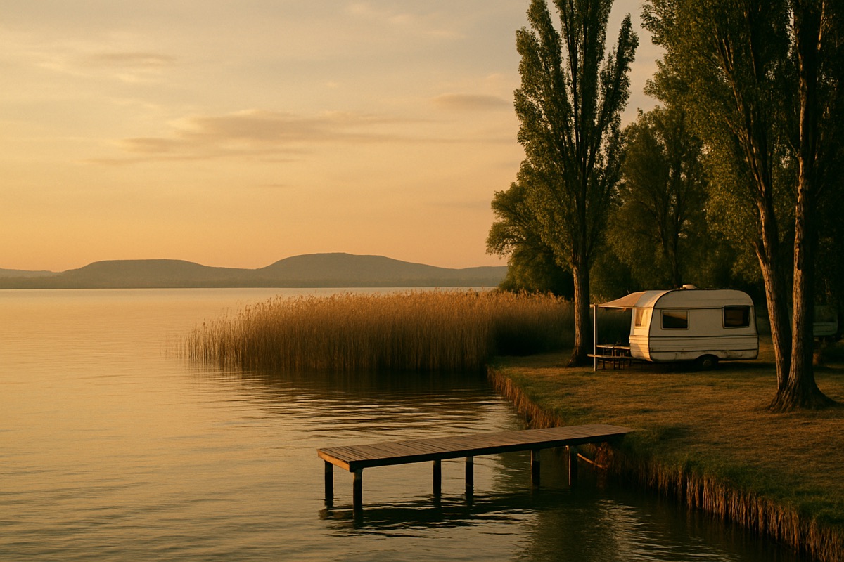 Sonnenuntergang über dem Balaton mit Schilfufer, Steg und Wohnwagen unter Pappeln