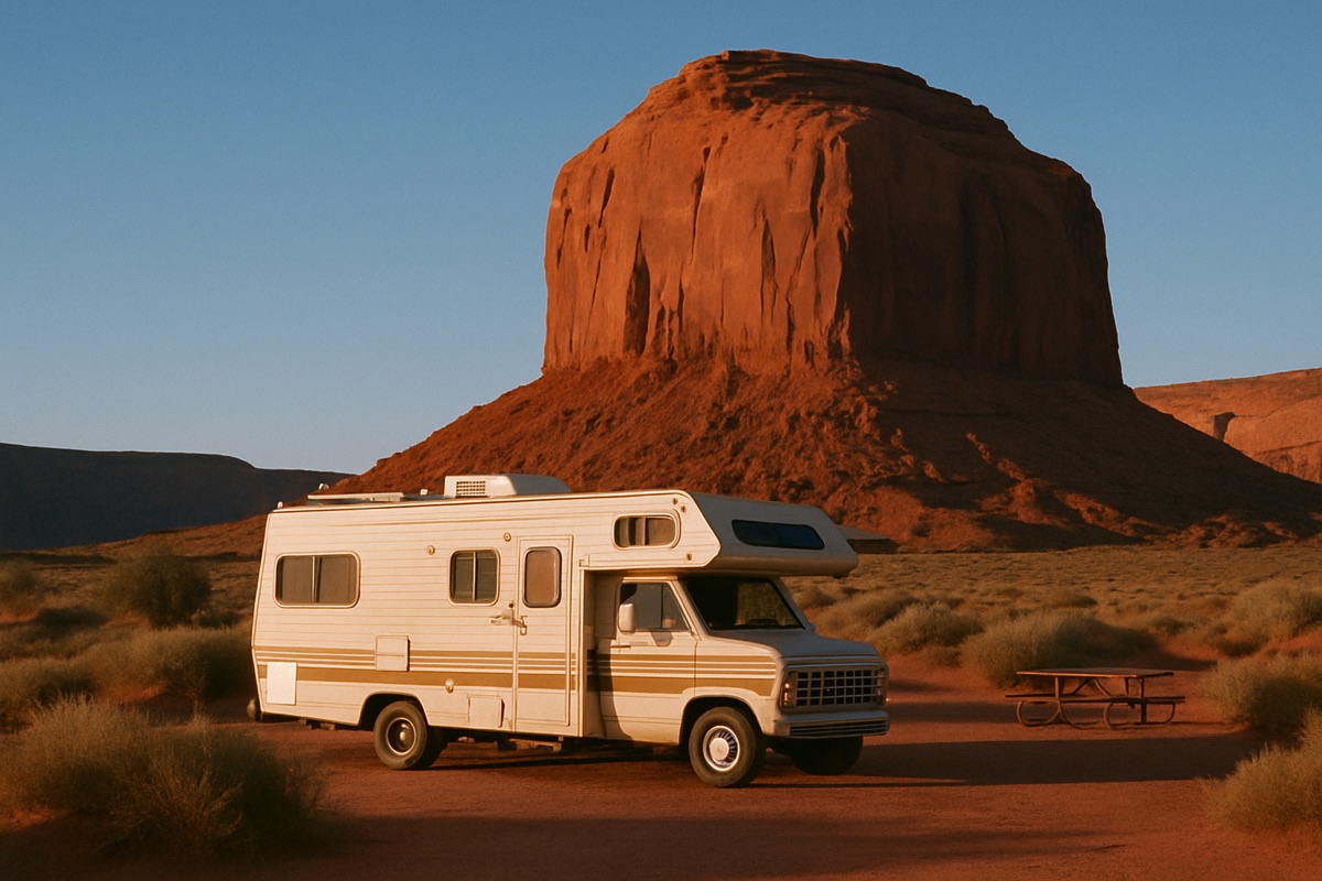 Wohnmobil auf einem Wüsten-Campground vor einem roten Sandstein-Felsturm im Südwesten der USA