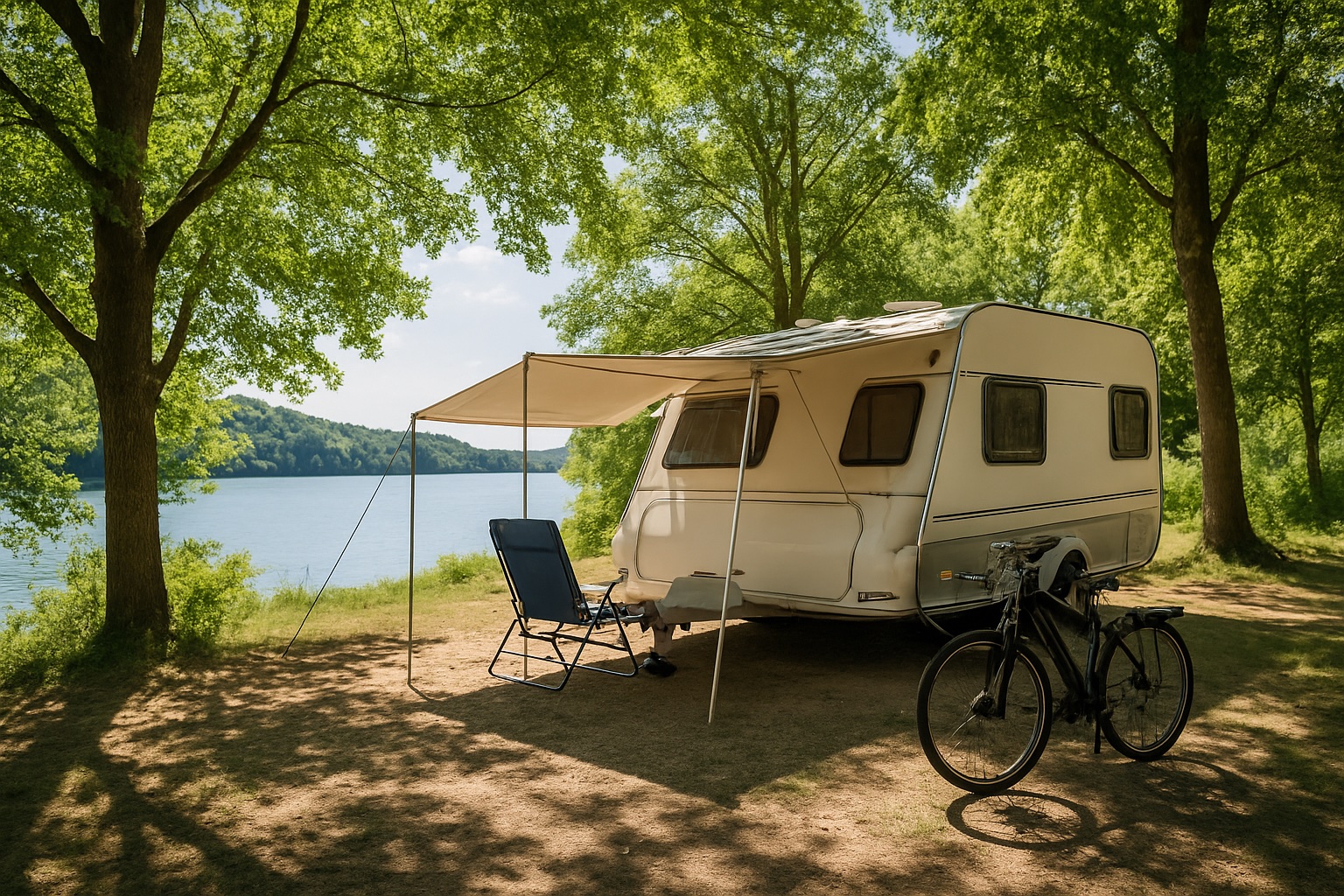 Schattiger Campingstellplatz unter Bäumen am See mit Markise